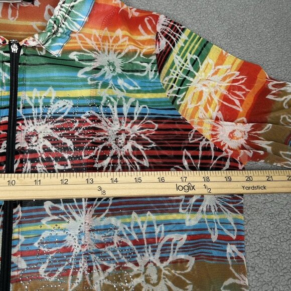 Damee Inc Jacket Womens Medium Rainbow Floral Mesh Studded Zip Stretch Vintage - Picture 9 of 13